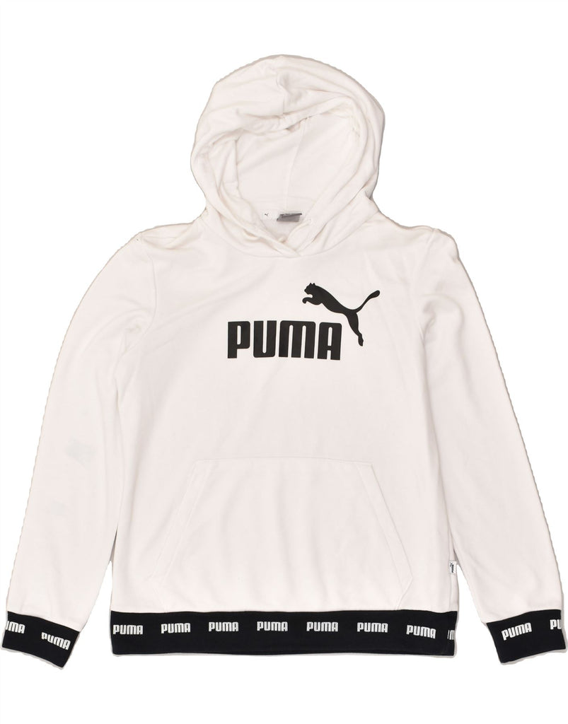 PUMA Womens Graphic Hoodie Jumper UK 12 Medium White Cotton | Vintage Puma | Thrift | Second-Hand Puma | Used Clothing | Messina Hembry 