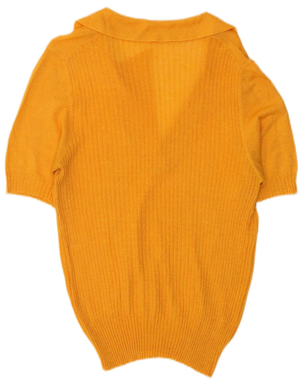 Vintage Womens Short Sleeve Polo Neck Jumper Sweater UK 10 Small Yellow