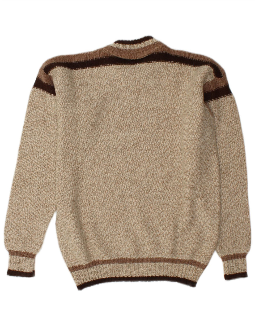 Vintage Mens Crew Neck Jumper Sweater Medium Beige Colourblock Acrylic