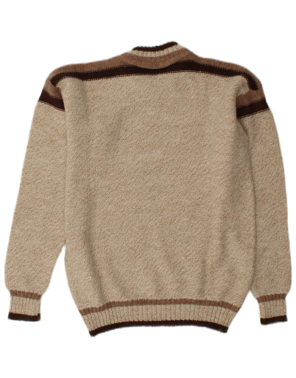 Vintage Mens Crew Neck Jumper Sweater Medium Beige Colourblock Acrylic