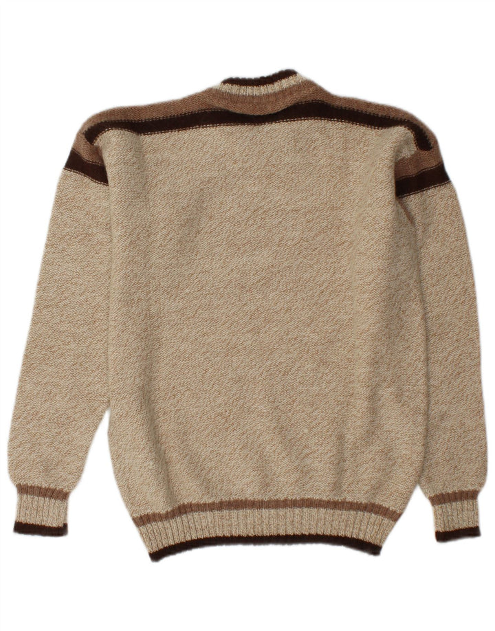 Vintage Mens Crew Neck Jumper Sweater Medium Beige Colourblock Acrylic