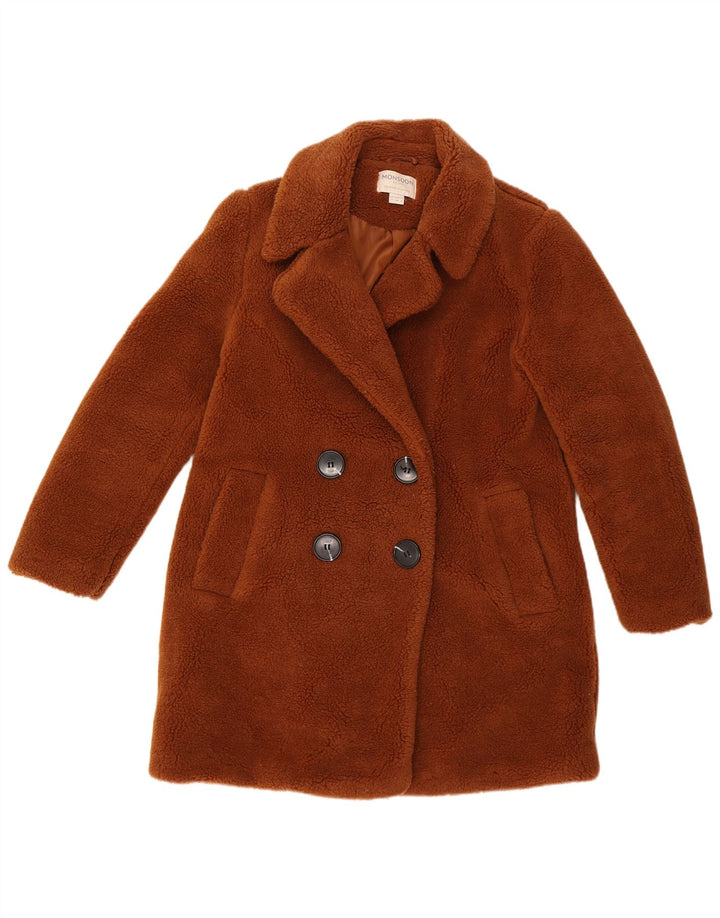 MONSOON Womens Faux Fur Double Breasted Coat UK 12 Medium Brown Polyester
