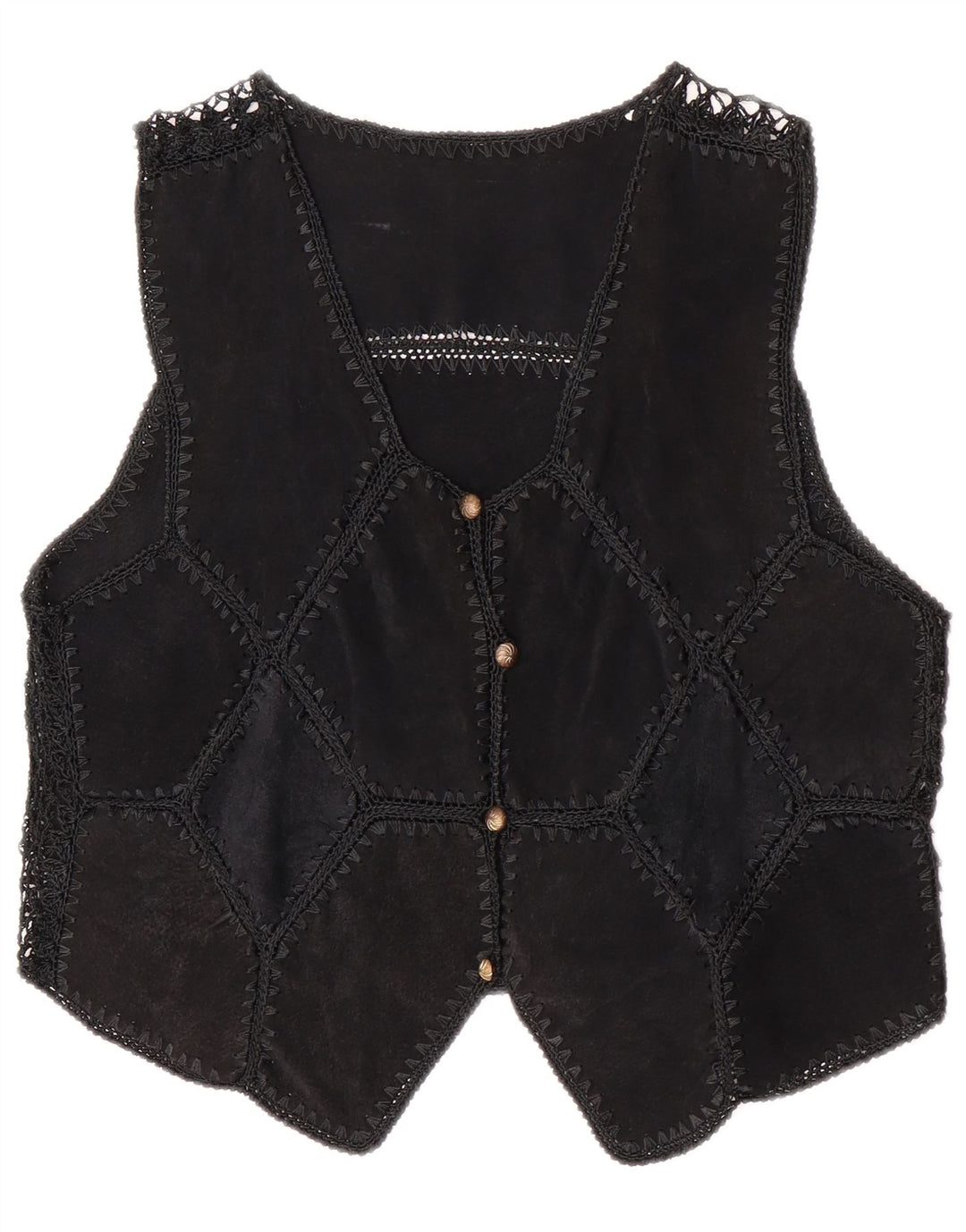 Vintage Womens Crop Suede Waistcoat UK 14 Medium Black Patchwork