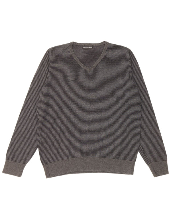 MARKS & SPENCER Mens Autograph V-Neck Jumper Sweater Medium Grey Pinstripe