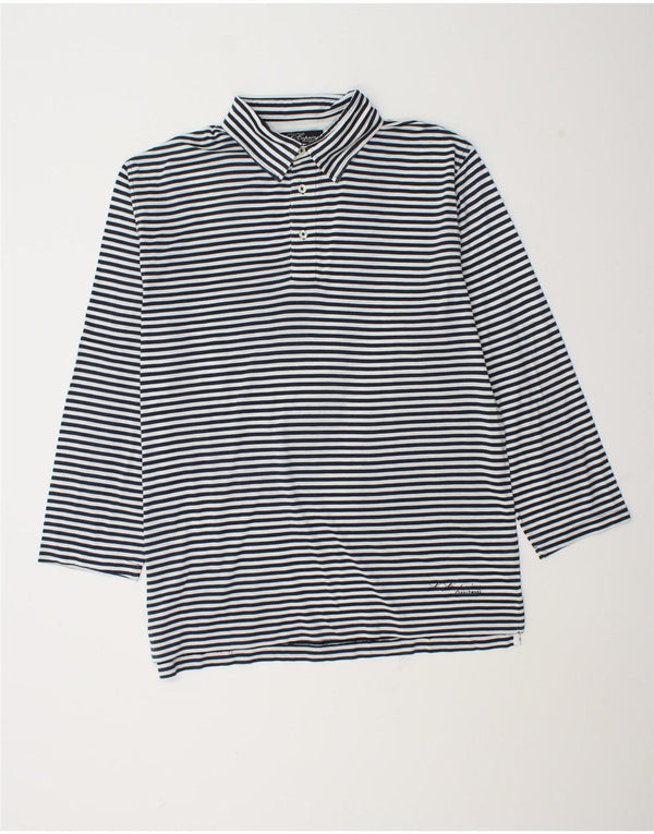 Les Copains Mens 3/4 Sleeve Polo Shirt 2XL Navy Blue Striped Cotton