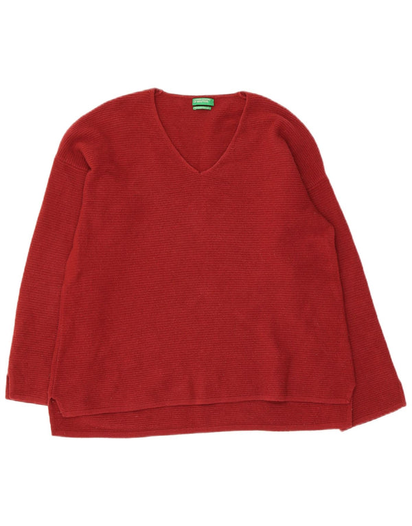 Benetton Womens V-Neck Jumper Sweater UK 10 Small Red Virgin Wool