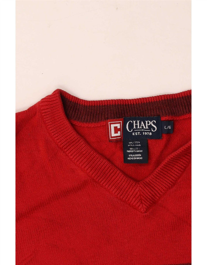 Chaps Mens V-Neck Jumper Sweater Large Red Colourblock Cotton