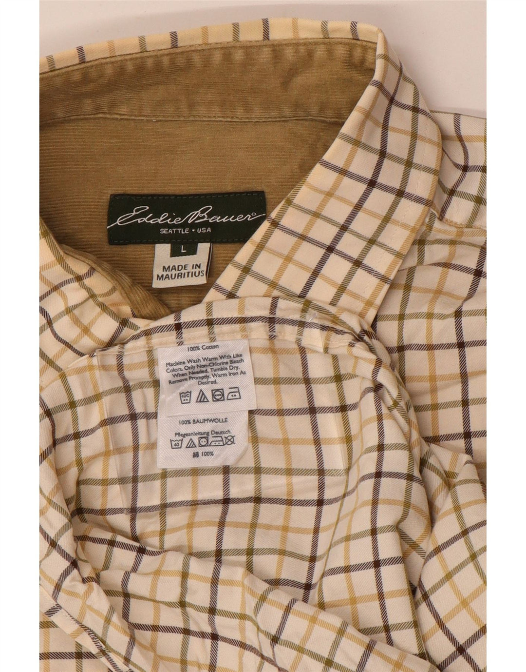 EDDIE BAUER Mens Shirt Large Beige Check Cotton