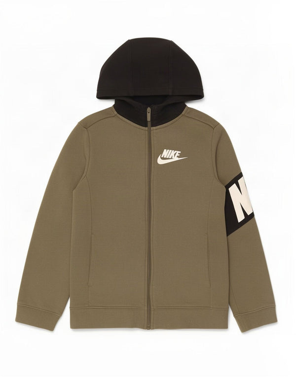 Nike Boys Graphic Zip Hoodie Sweater 8-9 Years Small Khaki Colourblock