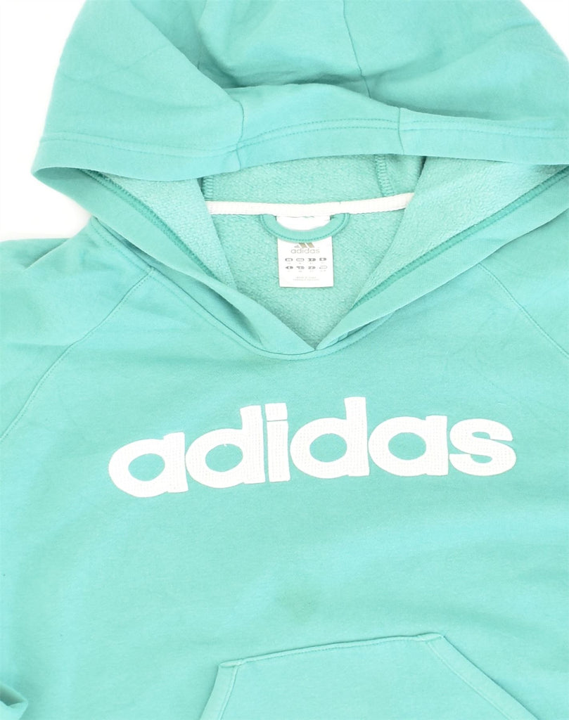 ADIDAS Womens Crop Graphic Hoodie Jumper UK 14 Large Turquoise Cotton | Vintage Adidas | Thrift | Second-Hand Adidas | Used Clothing | Messina Hembry 