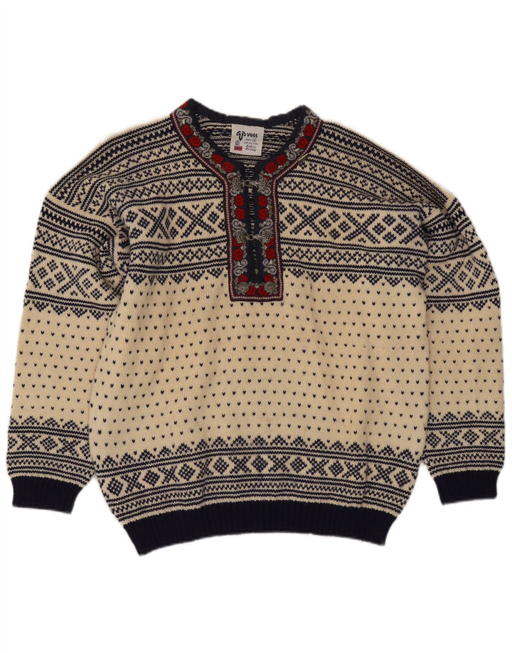 Voss Mens Unisex V-Neck Jumper Sweater Medium Off White Fair Isle Wool