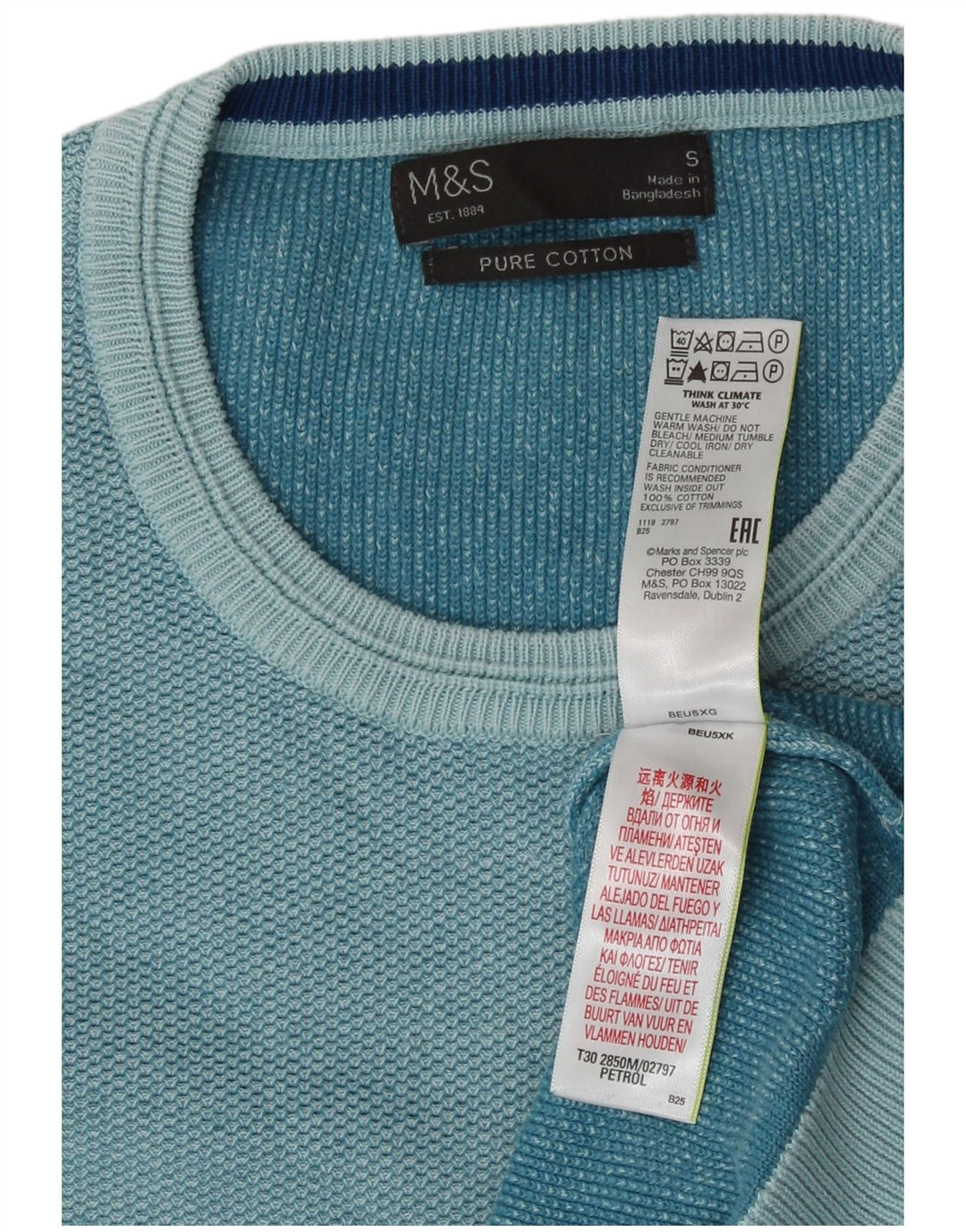 Marks & Spencer Mens Crew Neck Jumper Sweater Small Turquoise Cotton