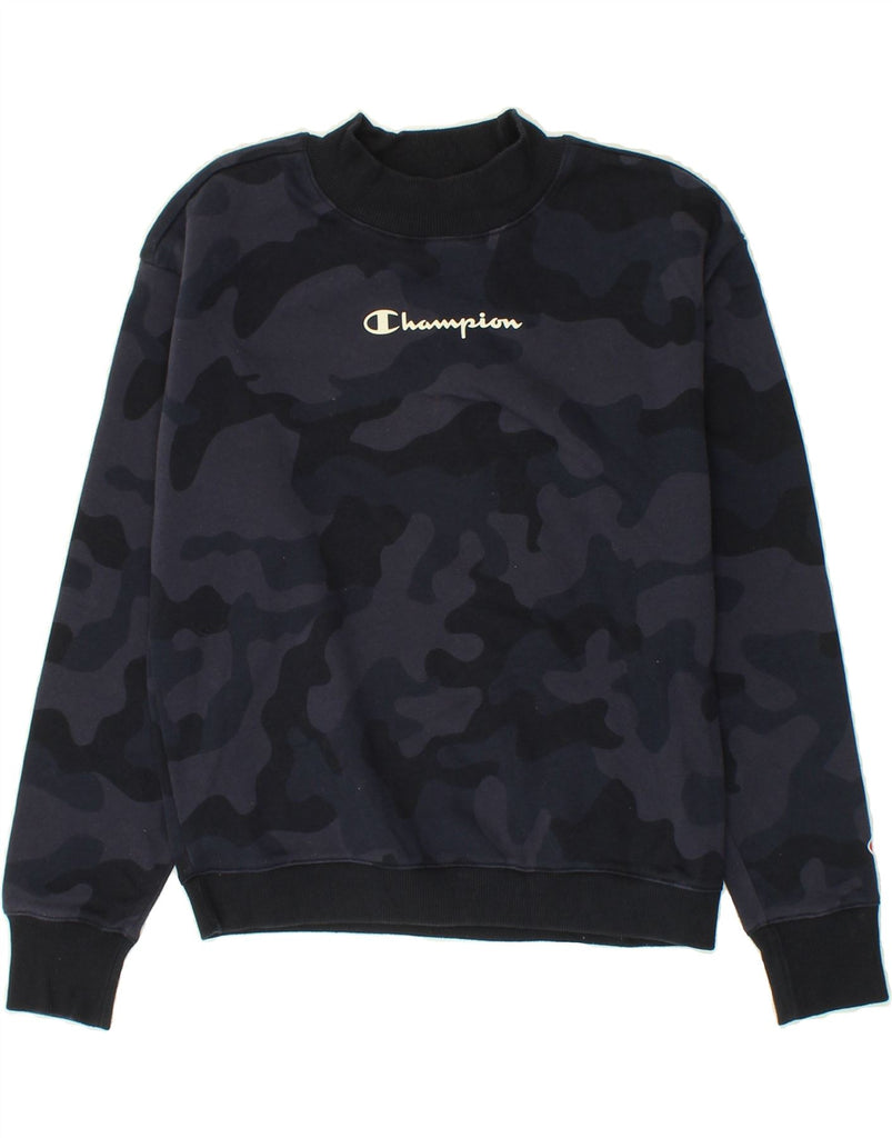 CHAMPION Womens Graphic Sweatshirt Jumper UK 10 Small Navy Blue Camouflage | Vintage Champion | Thrift | Second-Hand Champion | Used Clothing | Messina Hembry 