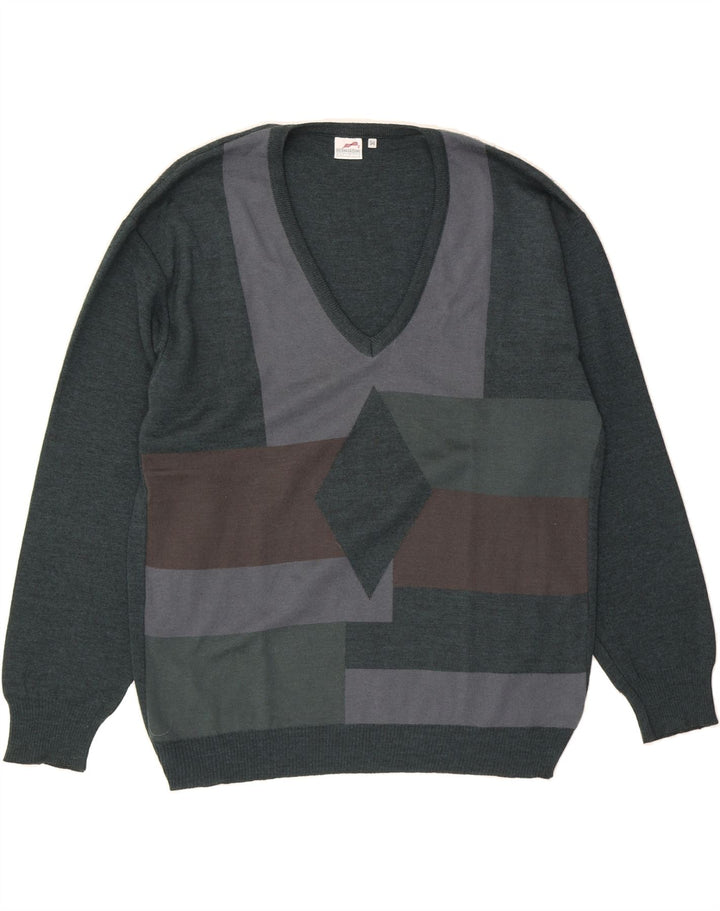 BERNARDINI Mens V-Neck Jumper Sweater IT 54 XL Green Argyle/Diamond Vintage Bernardini and Second-Hand Bernardini from Messina Hembry 