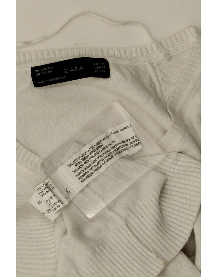 Zara Womens V-Neck Jumper Sweater UK 12 Medium White Cotton
