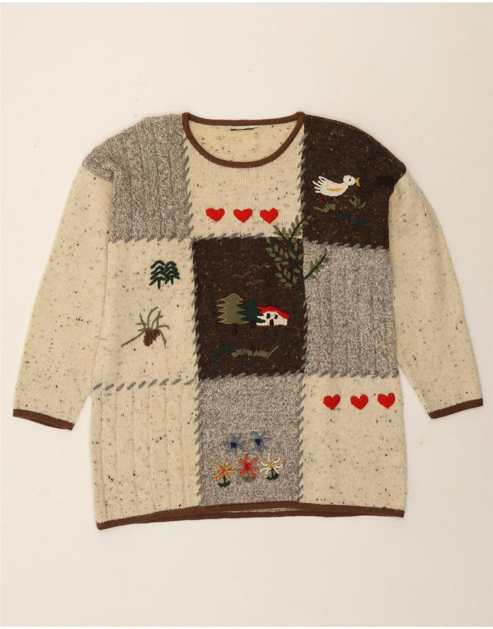 Vintage Womens Crew Neck Jumper Sweater UK 16 Large Beige Patchwork Novelty