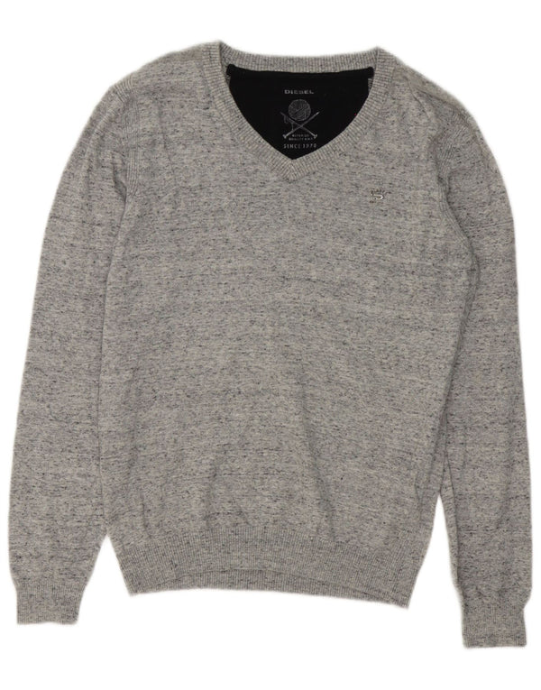 Diesel Mens V-Neck Jumper Sweater Small Grey Flecked Cotton