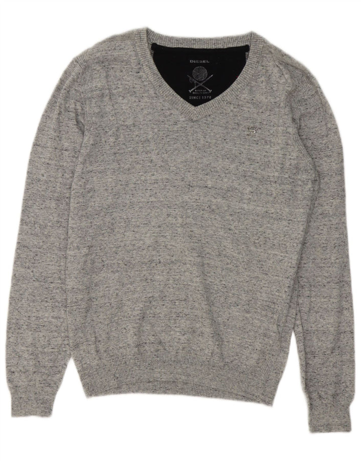 Diesel Mens V-Neck Jumper Sweater Small Grey Flecked Cotton