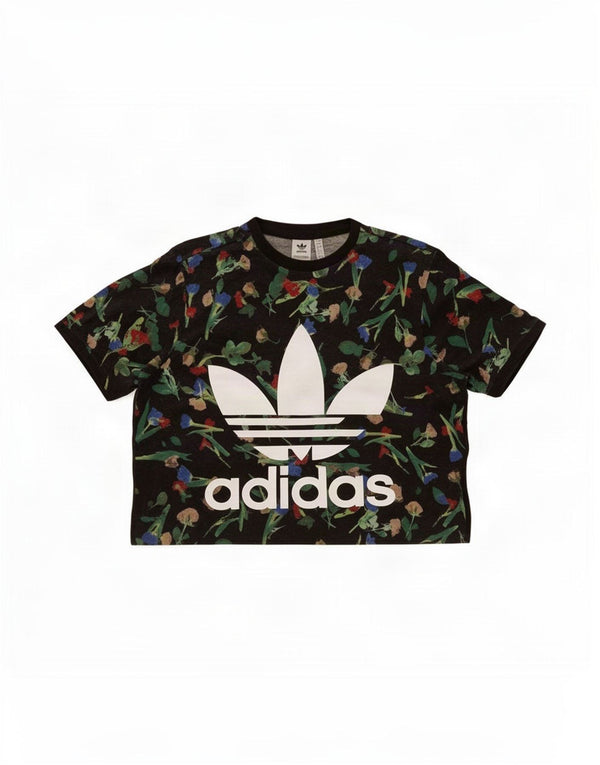 Adidas Womens Crop Oversized Graphic T-Shirt Top UK 12 Medium Black Floral