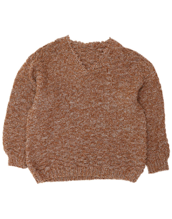 VINTAGE Womens V-Neck Jumper Sweater UK 16 Large Brown Flecked