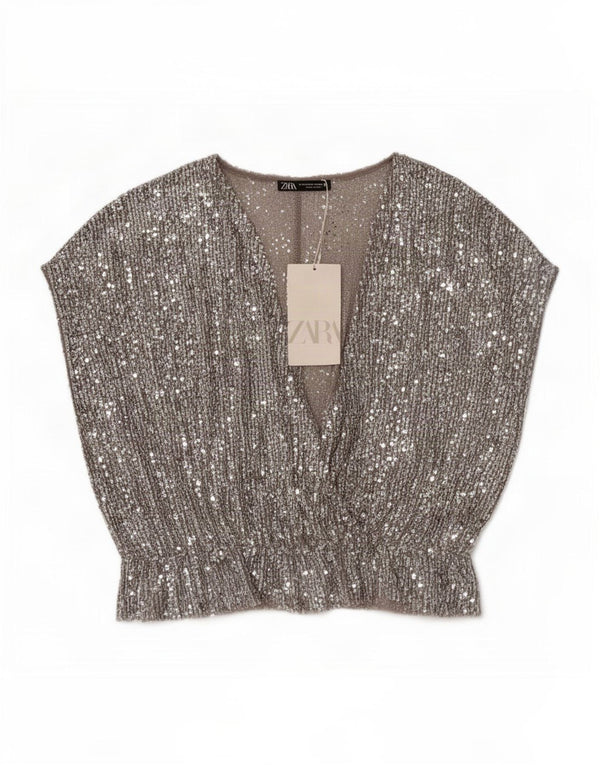 Zara Womens Blouse Top UK 12 Medium Silver Polyester