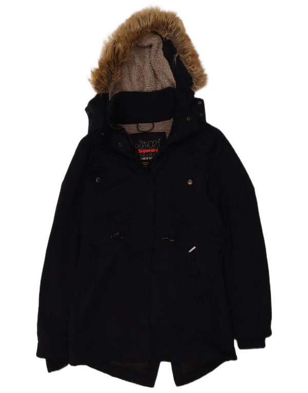 Superdry Womens Hooded Sherpa Parka Jacket UK 14 Medium Navy Blue Polyester