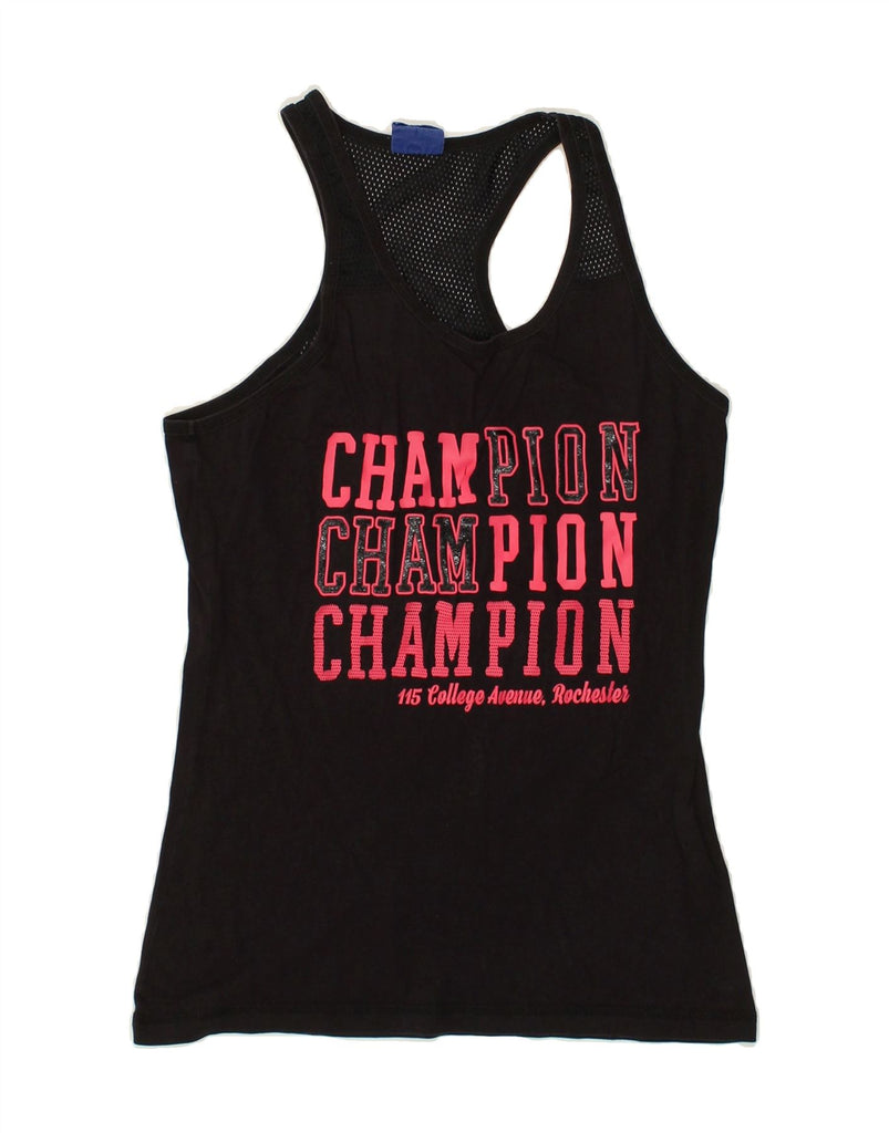 CHAMPION Womens Graphic Vest Top UK 14 Medium Black Cotton | Vintage Champion | Thrift | Second-Hand Champion | Used Clothing | Messina Hembry 