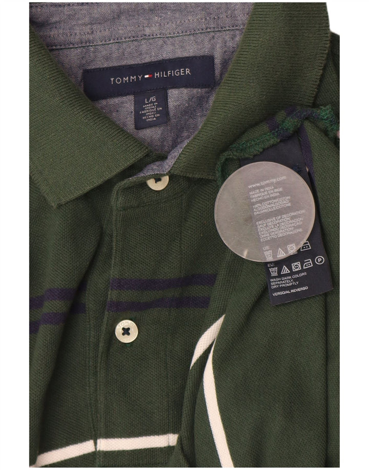 TOMMY HILFIGER Mens Polo Shirt Large Green Striped Cotton