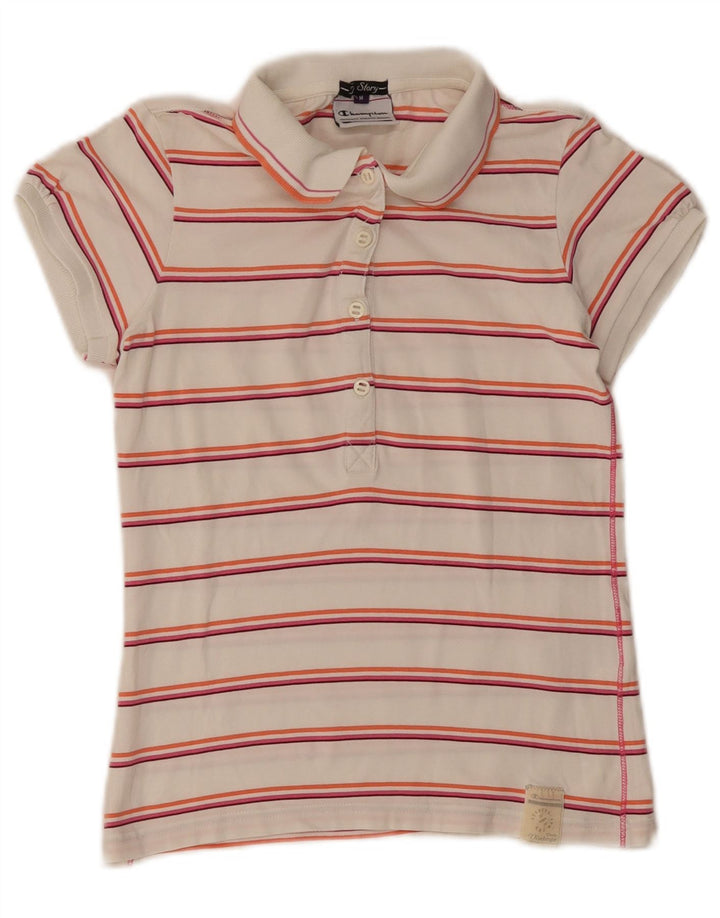 Champion Womens Polo Shirt UK 12 Medium White Striped Cotton