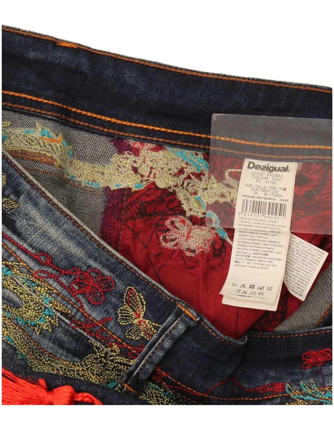 Desigual Womens Graphic Slim Jeans W34 L29 Navy Blue Polyester