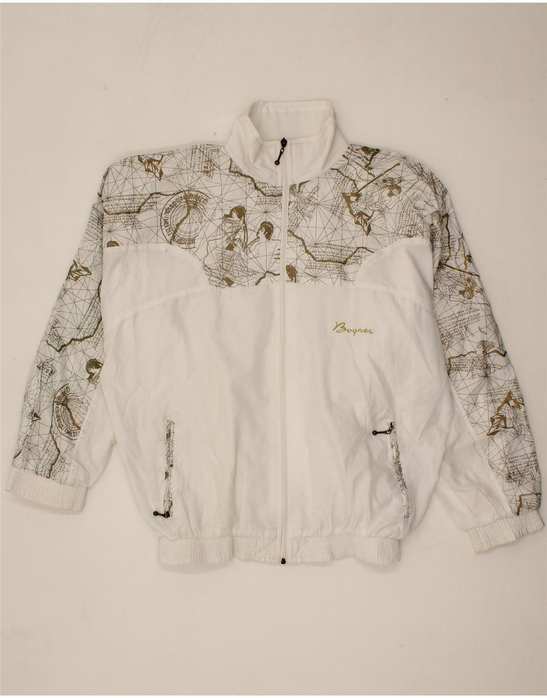 BOGNER Mens Abstract Pattern Tracksuit Top Jacket Large White Polyamide Vintage Bogner and Second-Hand Bogner from Messina Hembry 