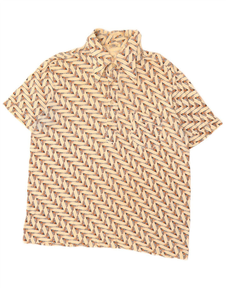 Vintage Mens Polo Shirt Medium Beige Geometric Cotton