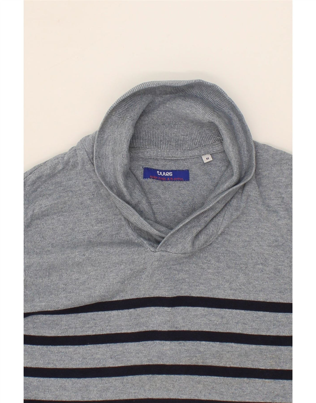 JULES Mens Shawl Neck Jumper Sweater Medium Grey Striped Vintage Jules and Second-Hand Jules from Messina Hembry 