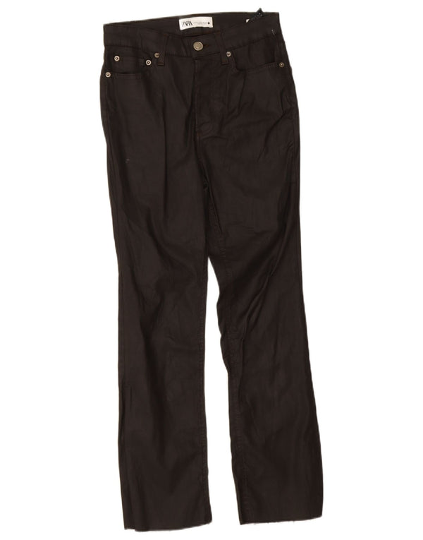 Zara Womens Waxed Straight Casual Trousers EU 34 2XS W24 L25 Black Cotton