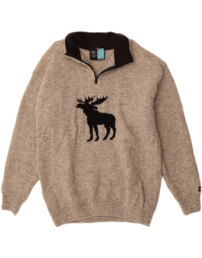 ESKIMO Mens Graphic Zip Neck Jumper Sweater XL Grey Wool Vintage Eskimo and Second-Hand Eskimo from Messina Hembry 