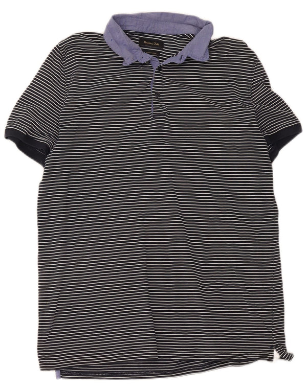 Massimo Dutti Mens Polo Shirt XL Navy Blue Striped Cotton