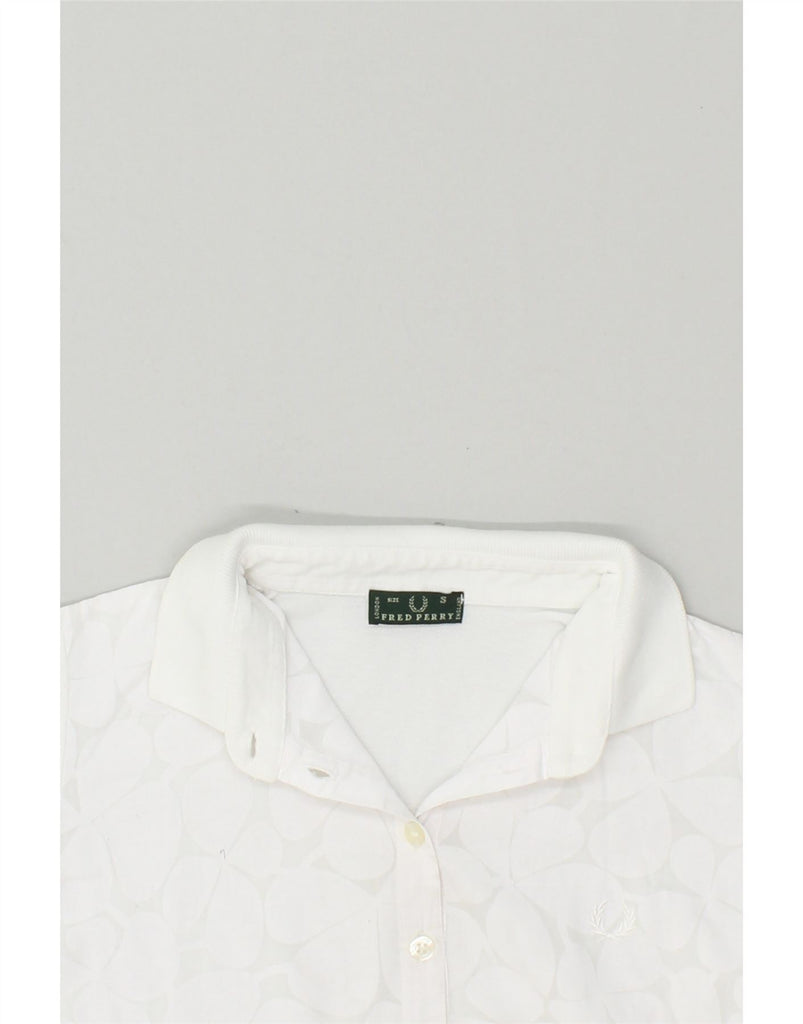 FRED PERRY Womens Polo Shirt UK 10 Small White Floral Cotton | Vintage Fred Perry | Thrift | Second-Hand Fred Perry | Used Clothing | Messina Hembry 
