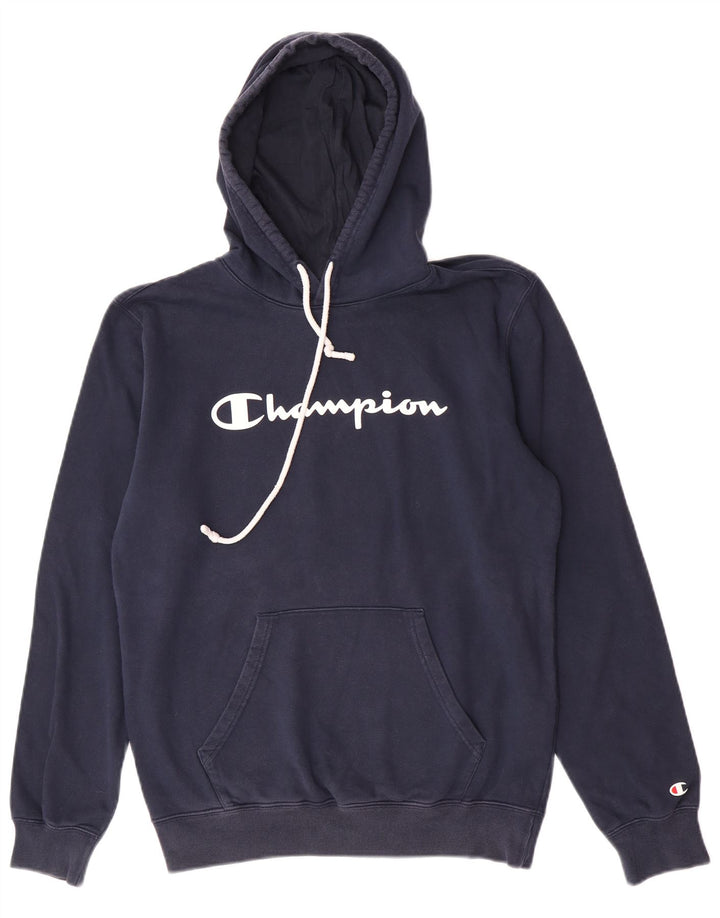 Champion Mens Graphic Hoodie Jumper Medium Navy Blue Cotton