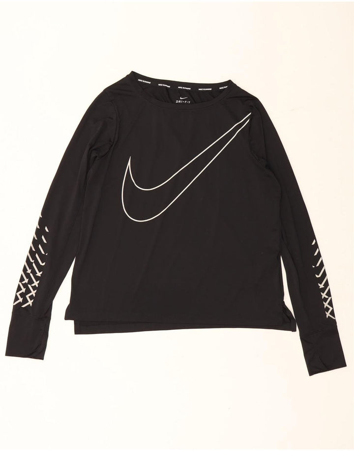 Nike Womens Dri Fit Graphic Top Long Sleeve UK 14 Medium Black Polyester