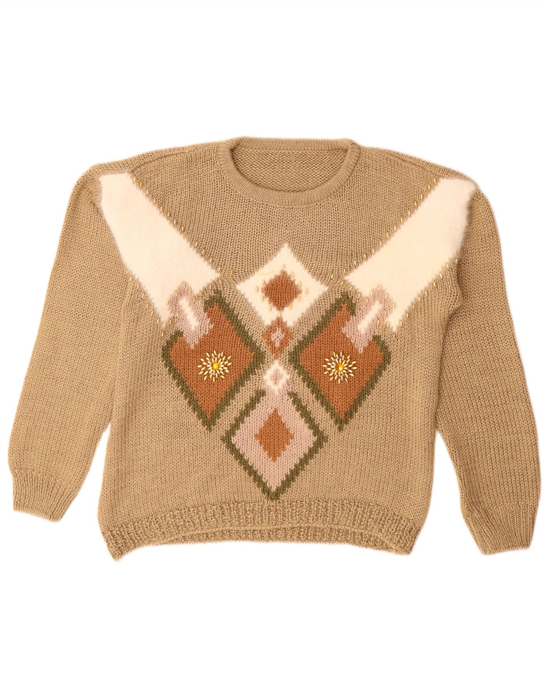 Vintage Womens Crew Neck Jumper Sweater UK 14 Medium Beige Geometric