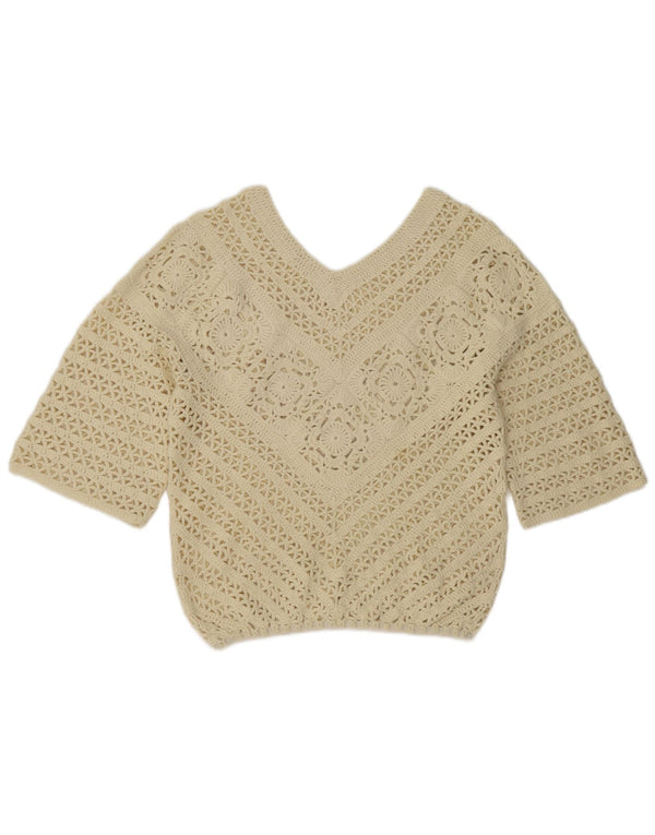 Vintage Womens 3/4 Sleeve V-Neck Jumper Sweater UK 12 Medium Off White