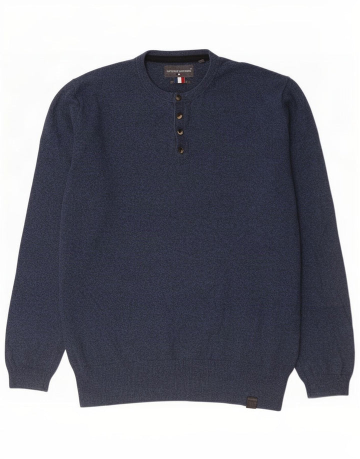 Superdry Mens Button Neck Jumper Sweater XL Blue Cotton