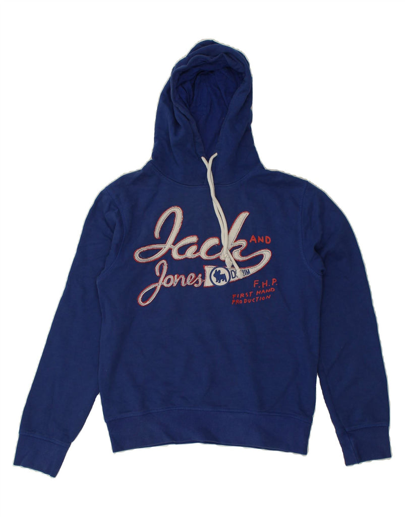 JACK & JONES Mens Graphic Hoodie Jumper Medium Navy Blue Cotton | Vintage Jack & Jones | Thrift | Second-Hand Jack & Jones | Used Clothing | Messina Hembry 