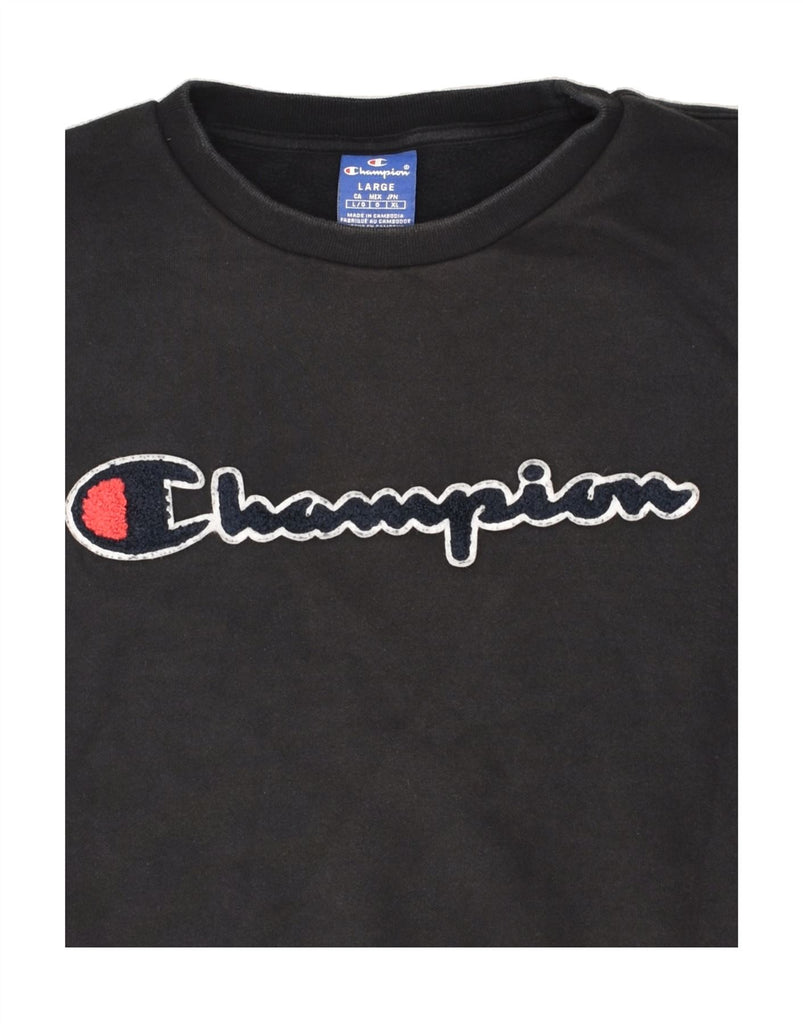 CHAMPION Mens Graphic Sweatshirt Jumper Large Black Cotton | Vintage Champion | Thrift | Second-Hand Champion | Used Clothing | Messina Hembry 