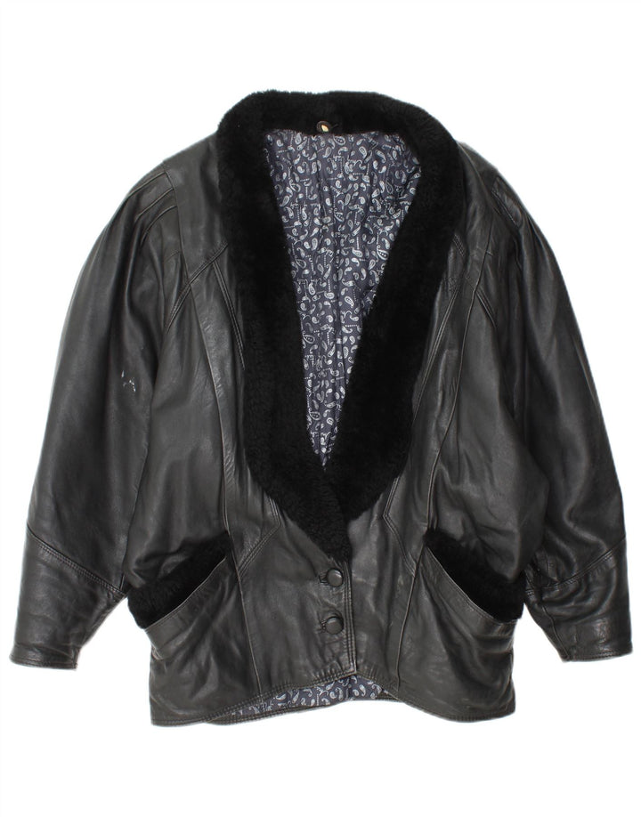 VINTAGE Womens Oversized Leather Jacket UK 10 Small Black Leather