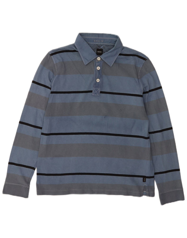 Hugo Boss Mens Long Sleeve Polo Shirt XL Blue Striped Cotton