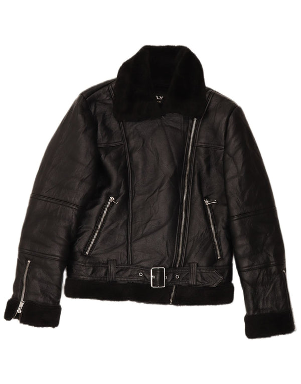 VINTAGE Womens Sherpa Faux Leather Biker Jacket UK 10 Small Black