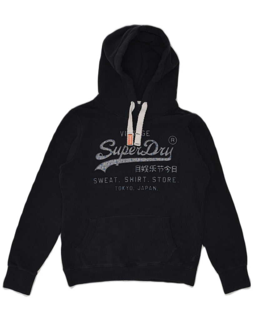 SUPERDRY Womens Graphic Hoodie Jumper UK 12 Medium Navy Blue Cotton | Vintage Superdry | Thrift | Second-Hand Superdry | Used Clothing | Messina Hembry 