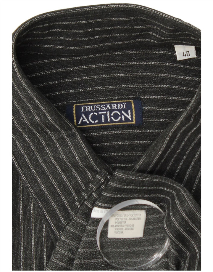 Trussardi Mens Shirt Size 40 Medium Black Pinstripe Polyester