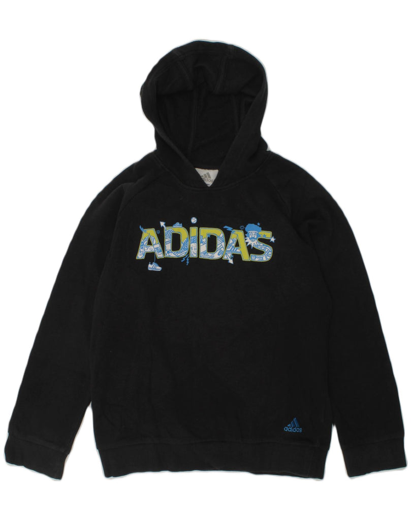 ADIDAS Boys Graphic Hoodie Jumper 9-10 Years Black Cotton | Vintage Adidas | Thrift | Second-Hand Adidas | Used Clothing | Messina Hembry 